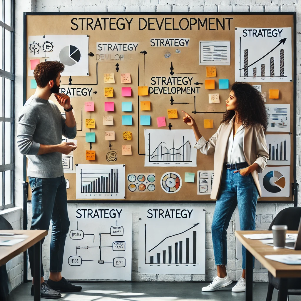 2 2024-08-26 09.12.30 - A modern office setting with a large whiteboard covered in sticky notes, diagrams, and flowcharts representing strategy development. Two professionals