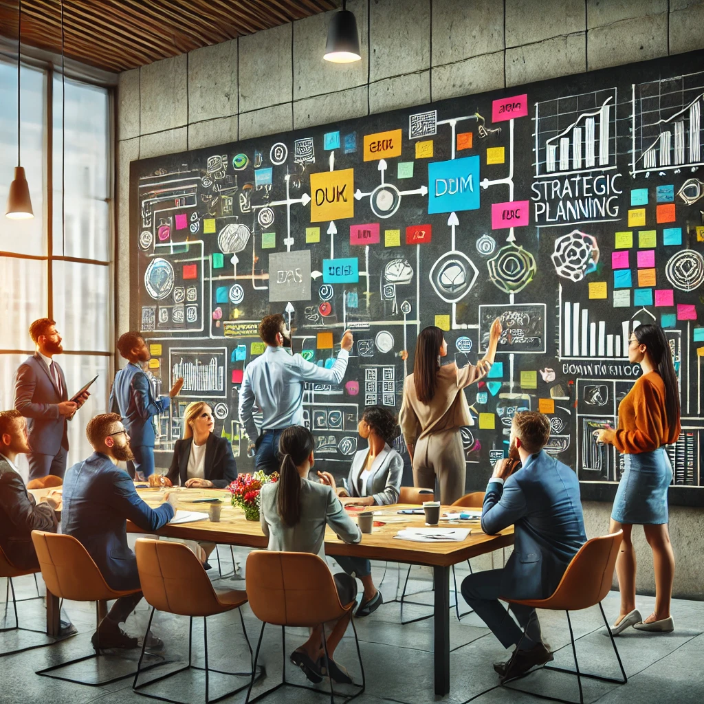 DALL·E-2024-08-26-09.11.51-A-team-of-diverse-professionals-in-a-modern-conference-room-actively-engaged-in-a-strategic-planning-session.-The-room-has-a-large-whiteboard-filled-